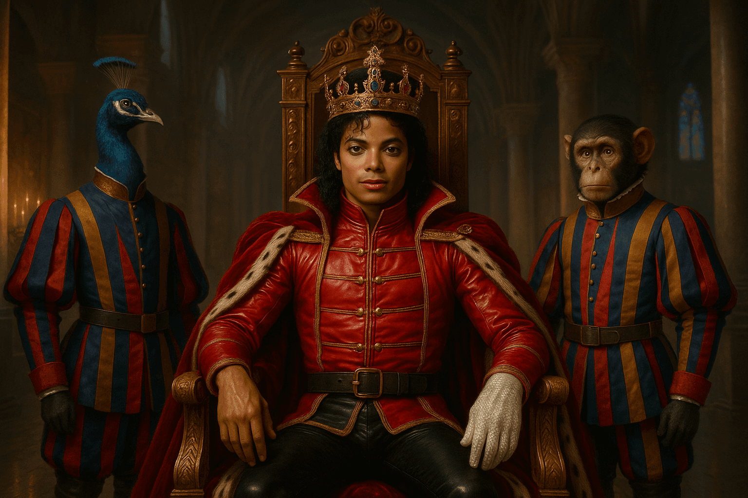 AI generated: Michael Jackson a los 28 años, sentado de manera alineada y simétrica con la toma, postura erguida y...