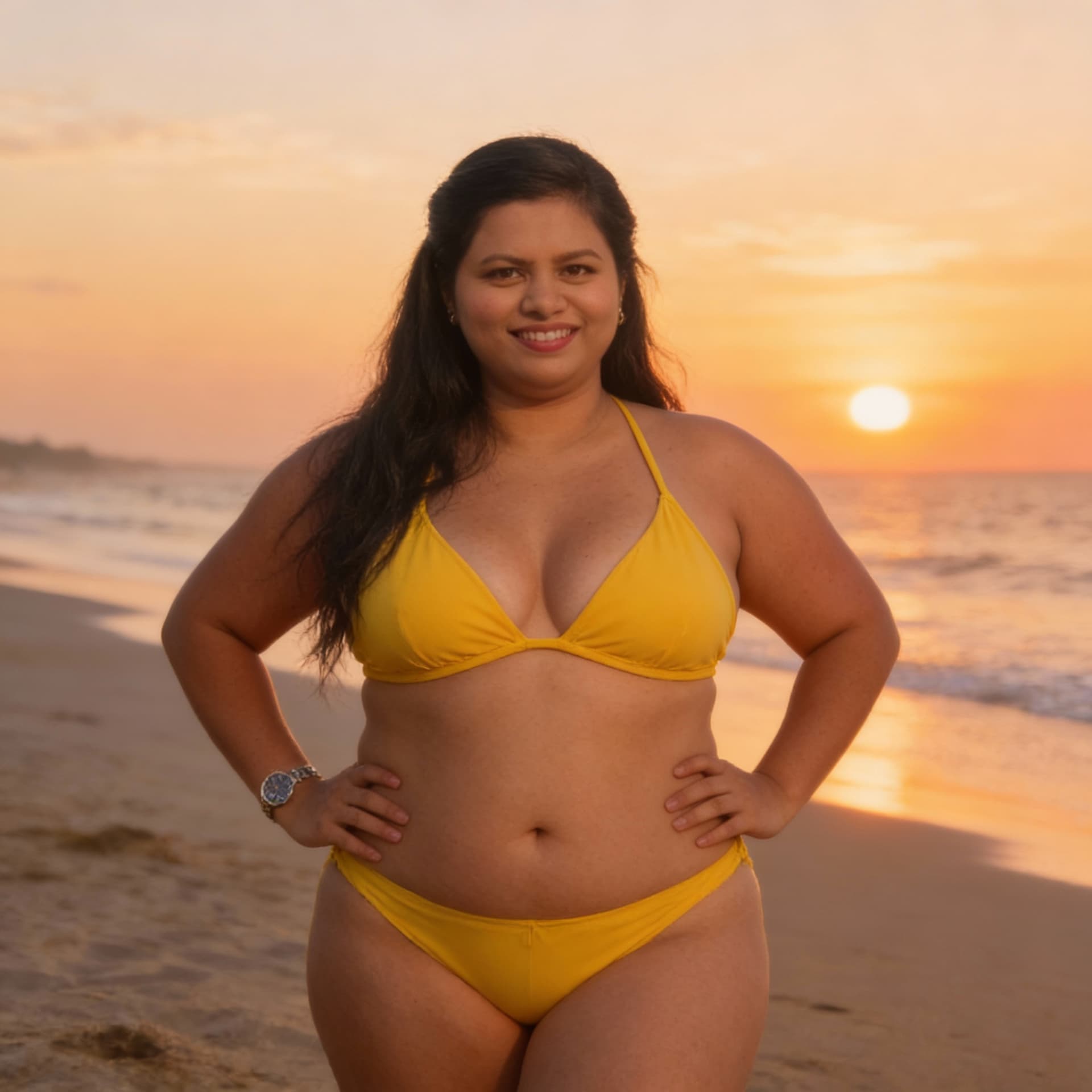 AI generated: Just wear yellow top of hot bikini and chubby figure looking very beautiful in yellow pantie and she...