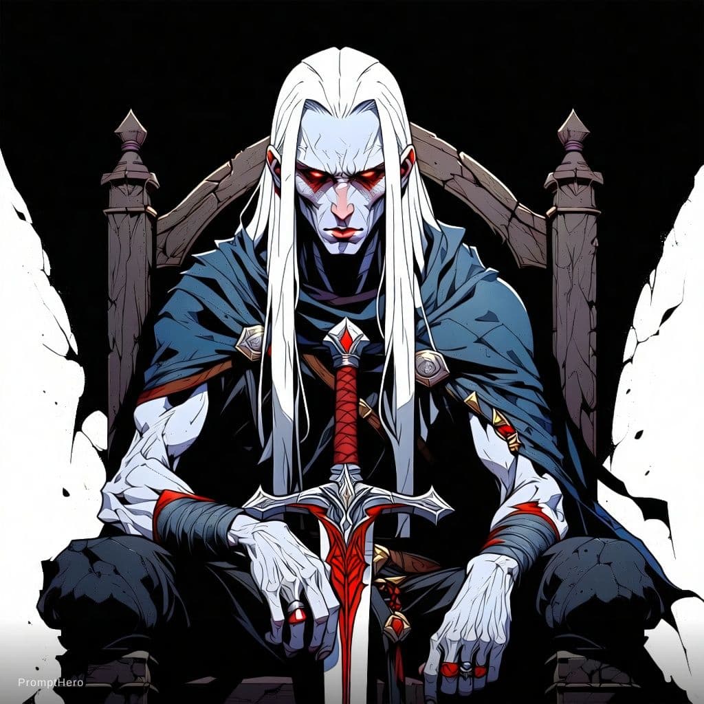 AI generated: Elric of Melniboné very tall weak and sickly Albino man, slender to the point of gauntness, yet eleg...