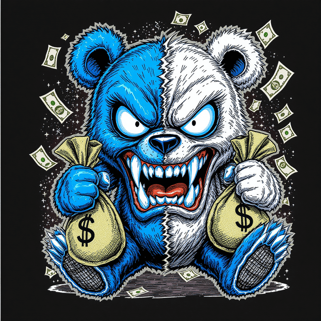 AI generated:  Vector illustration of a fierce stitched teddy bear character, evil grin with sharp teeth, split de...