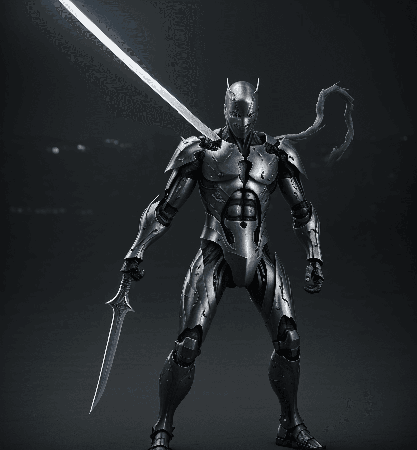 AI generated: Photo of ultra realistic demon cyborg, hyper realistic lightning sword, steel armor, ninja pose, bat...