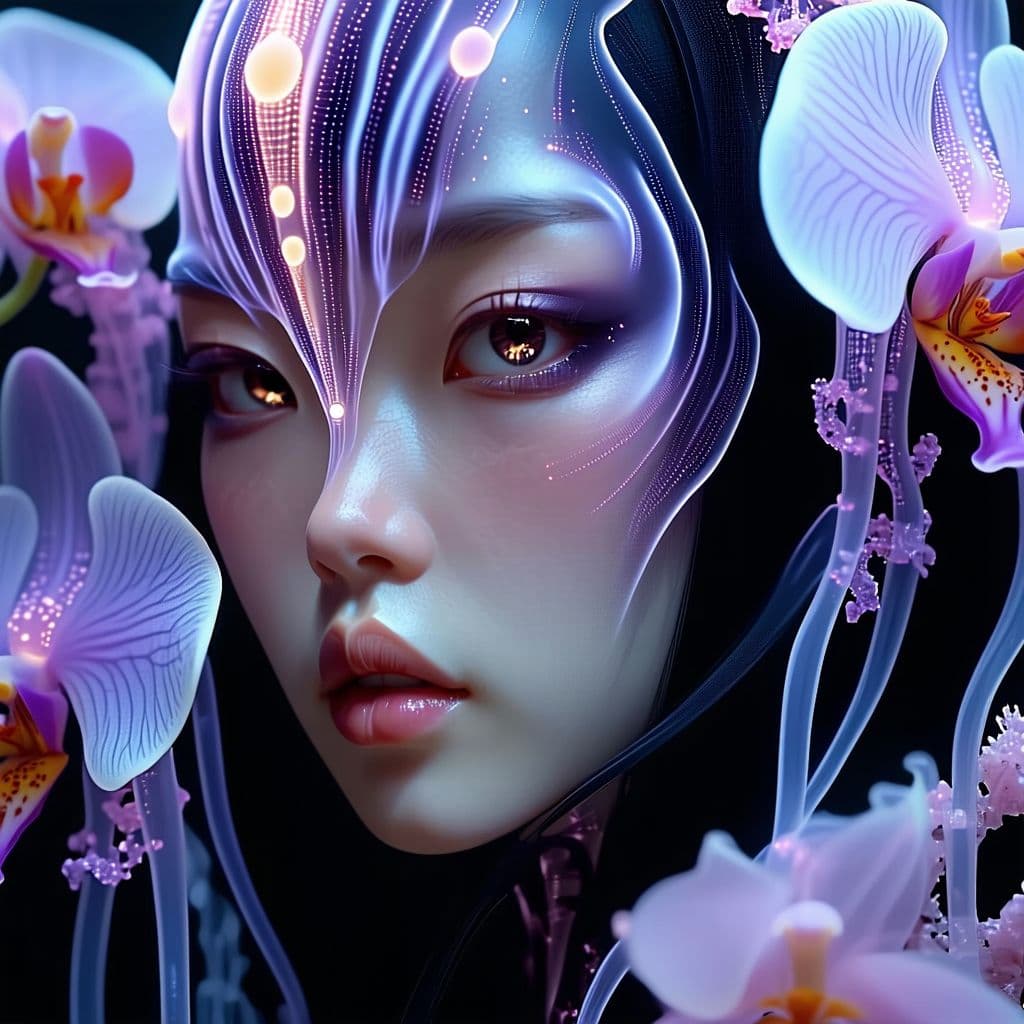 AI generated: Goddess close-up portrait ribcagel. jellyfish phoenix head, nautilus, orchid, skull, betta fish, bio...