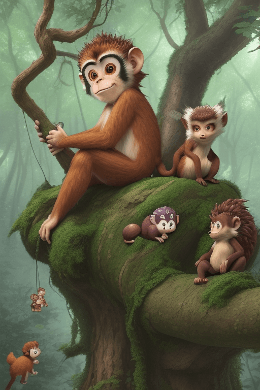 AI generated: In the forest, a little monkey Mike is sitting on a high branch, there are little hedgehogs, foxes, ...