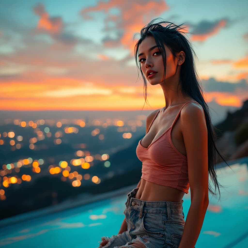 AI generated: A Fashion Editorial Photography Wide Foreground Photo of a 24 year old asian female supermodel, Slen...