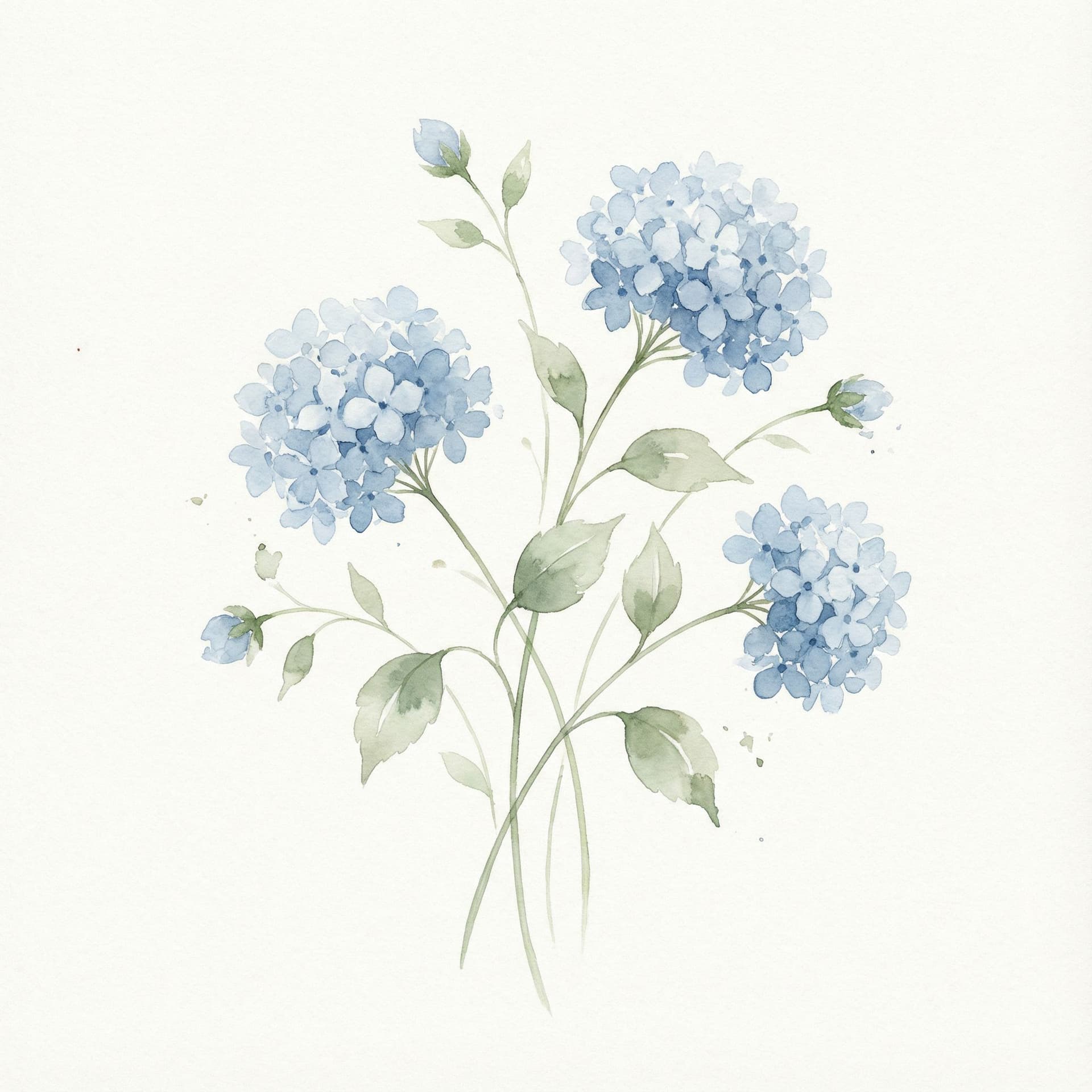 AI generated: A delicate watercolor botanical illustration.
Three hydrangea flowers with soft blue petals,
hand-pa...