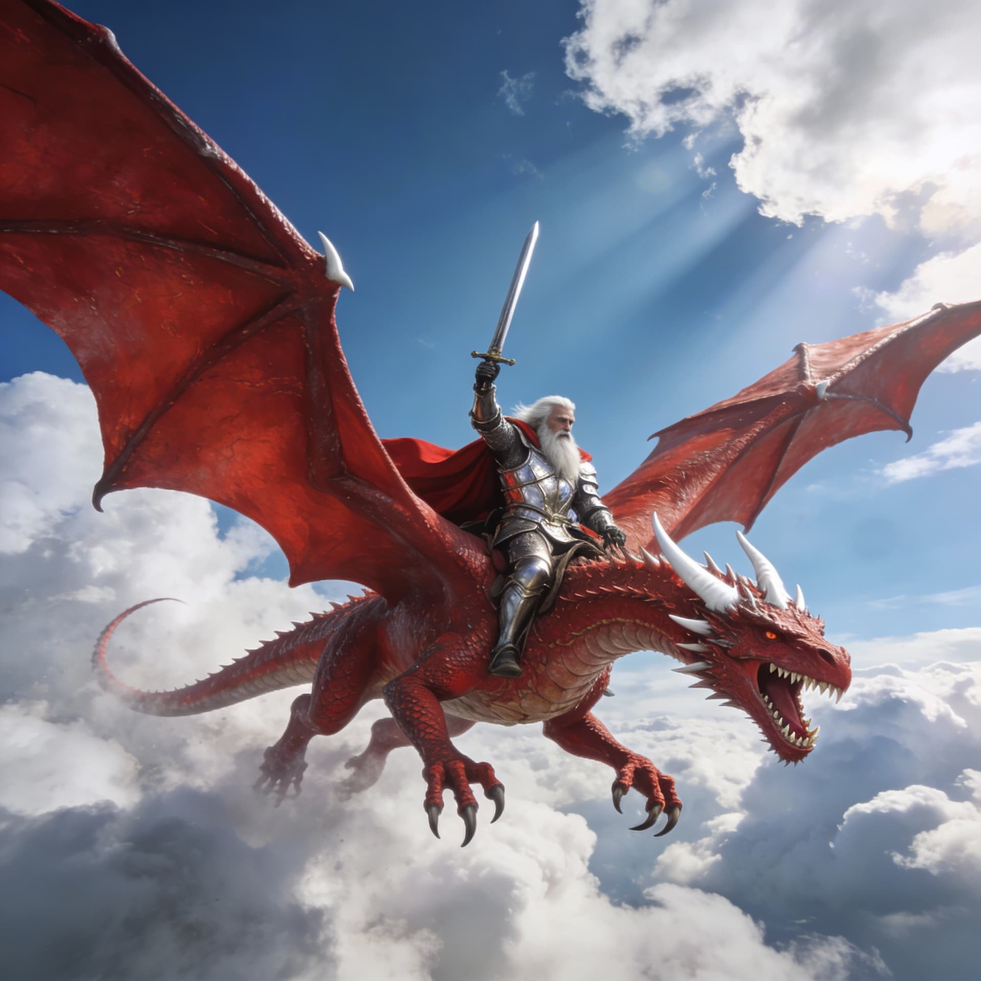 AI generated: epic fantasy film still of a fierce red dragon soaring through fluffy white clouds in a vast bright ...