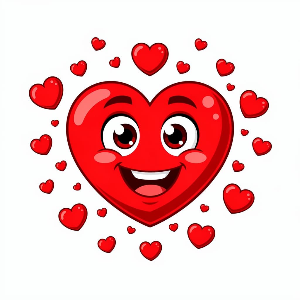 AI generated: Big red Heart with eyes and a big smile surrounded by smaller red hearts with a white background
