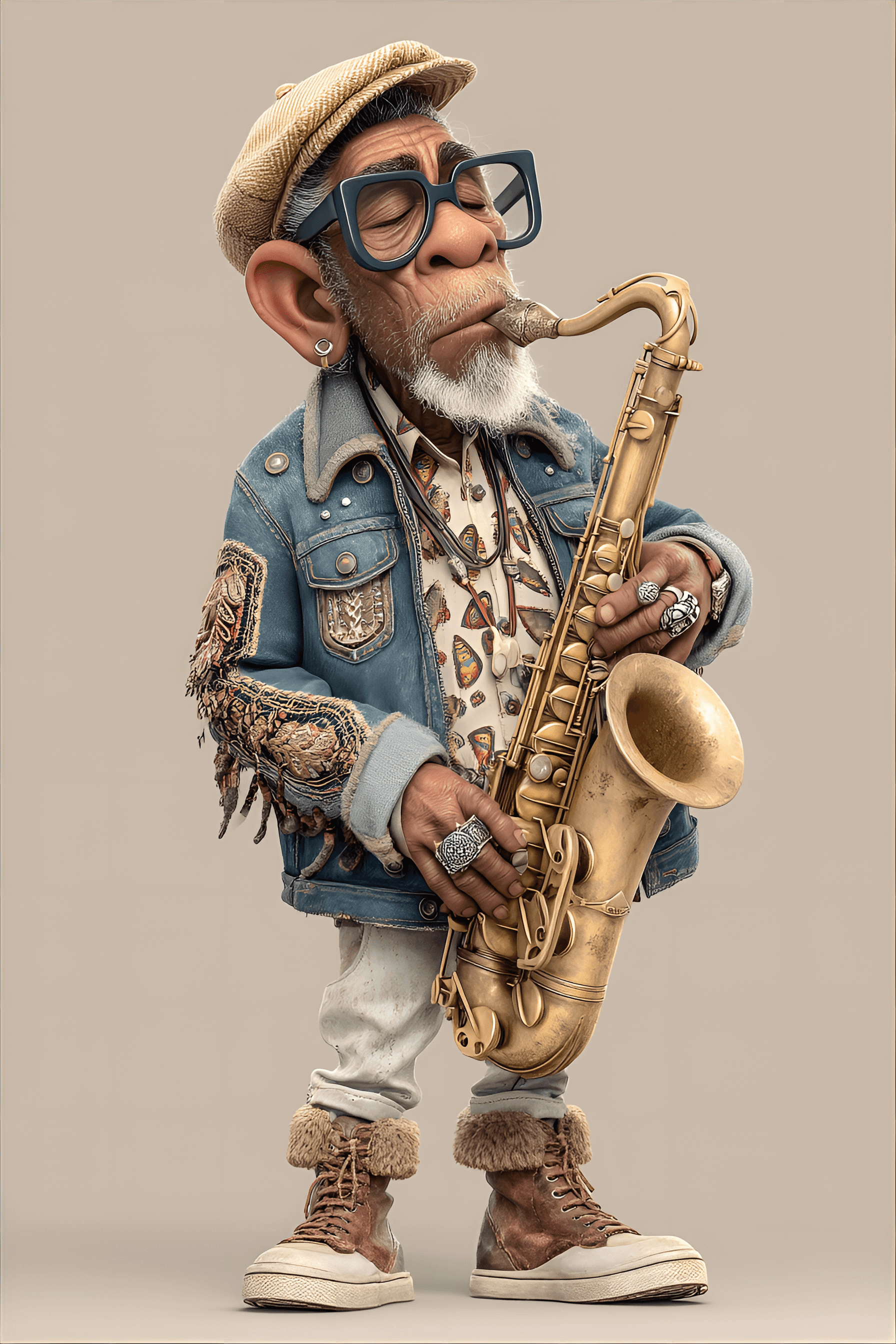 AI generated: whimsical cartoon depiction of an elderly Black man, approximately 60 years old, engrossed in playin...