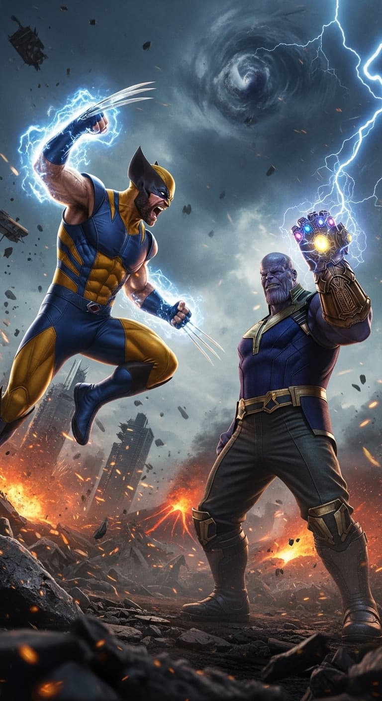 AI generated: photo realistic image in UHD, sharp, ultra detailed: wolverine powering up. fighting against thanos....