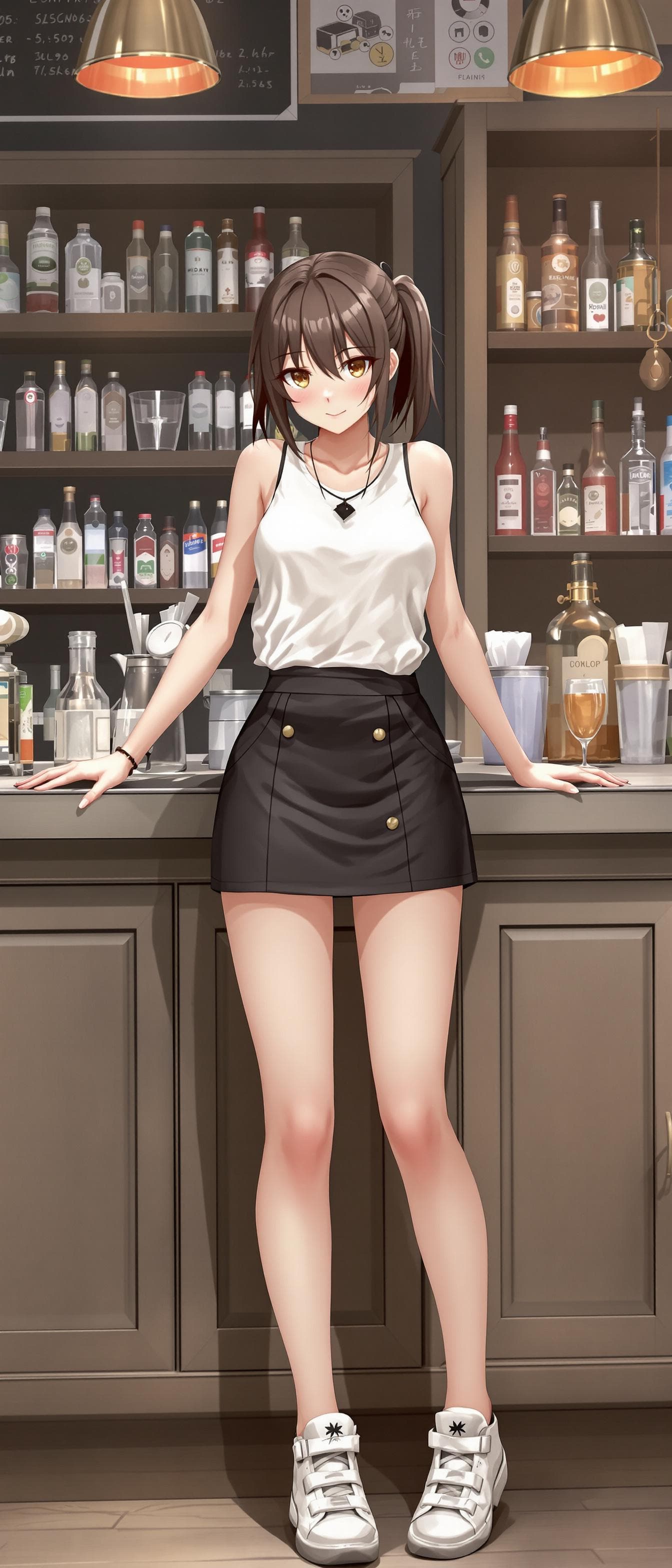 AI generated: full body, anime style of a girl stand on the bartender shop, indoors, wear a casual clothes, white ...
