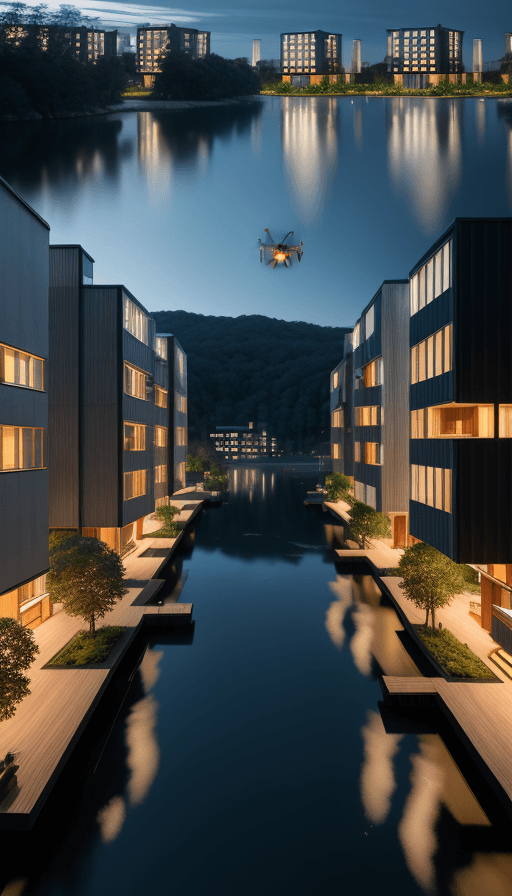 AI generated: a magnificent modern ecotourism village with different residential buildings designed by architect S...