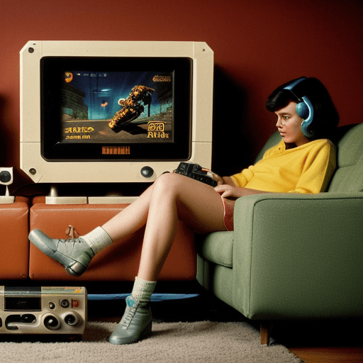 AI generated: A retro-futuristic scene, with an ET lounging on a couch, surrounded by old video game consoles and ...