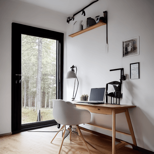 AI generated: A cozy Scandinavian home office, natural oak desk, ambient lighting from a floor-to-ceiling window, ...