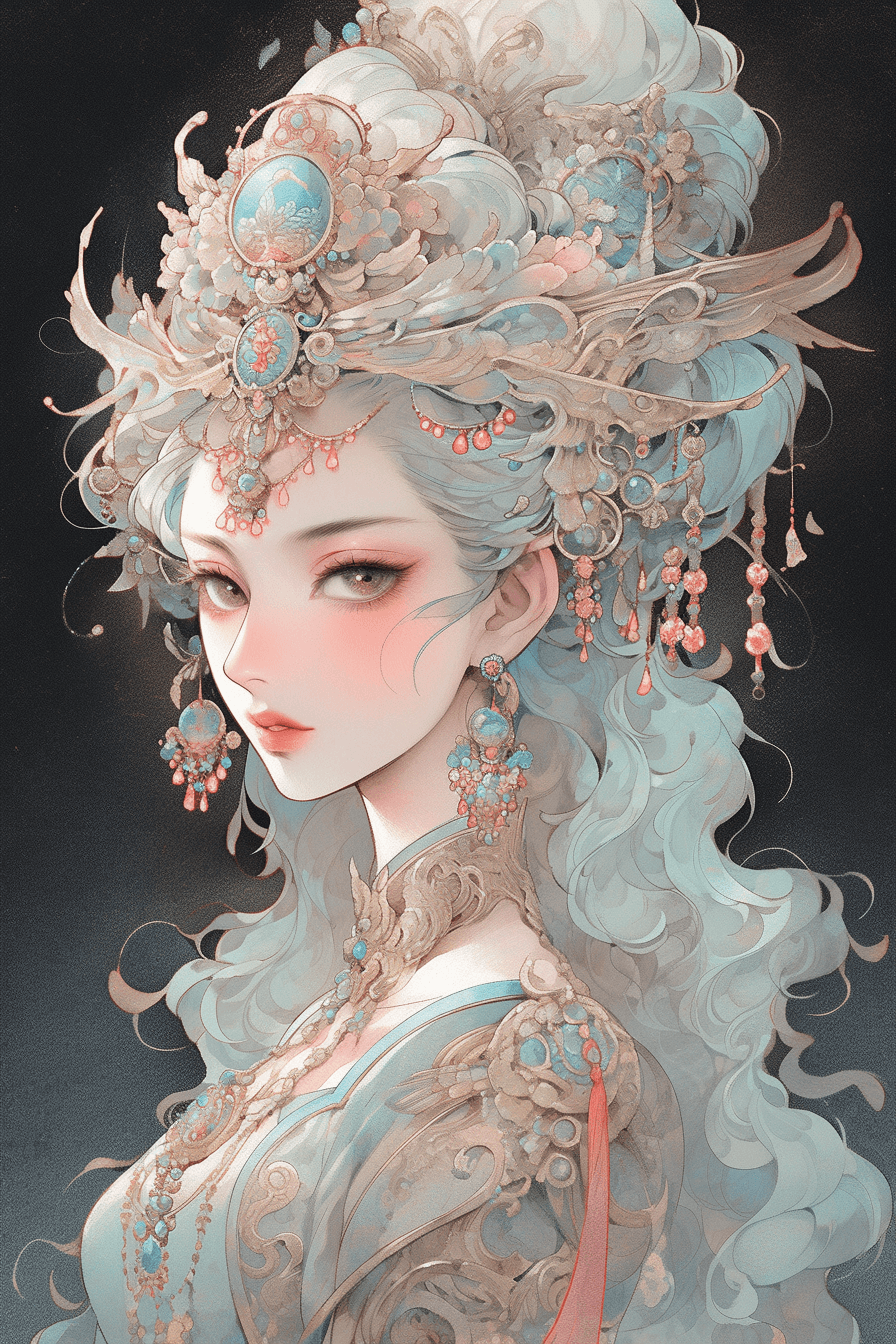 AI generated: A graceful and elegant game character, Chalk Paint style, with delicate makeup, Music-Vision Synesth...