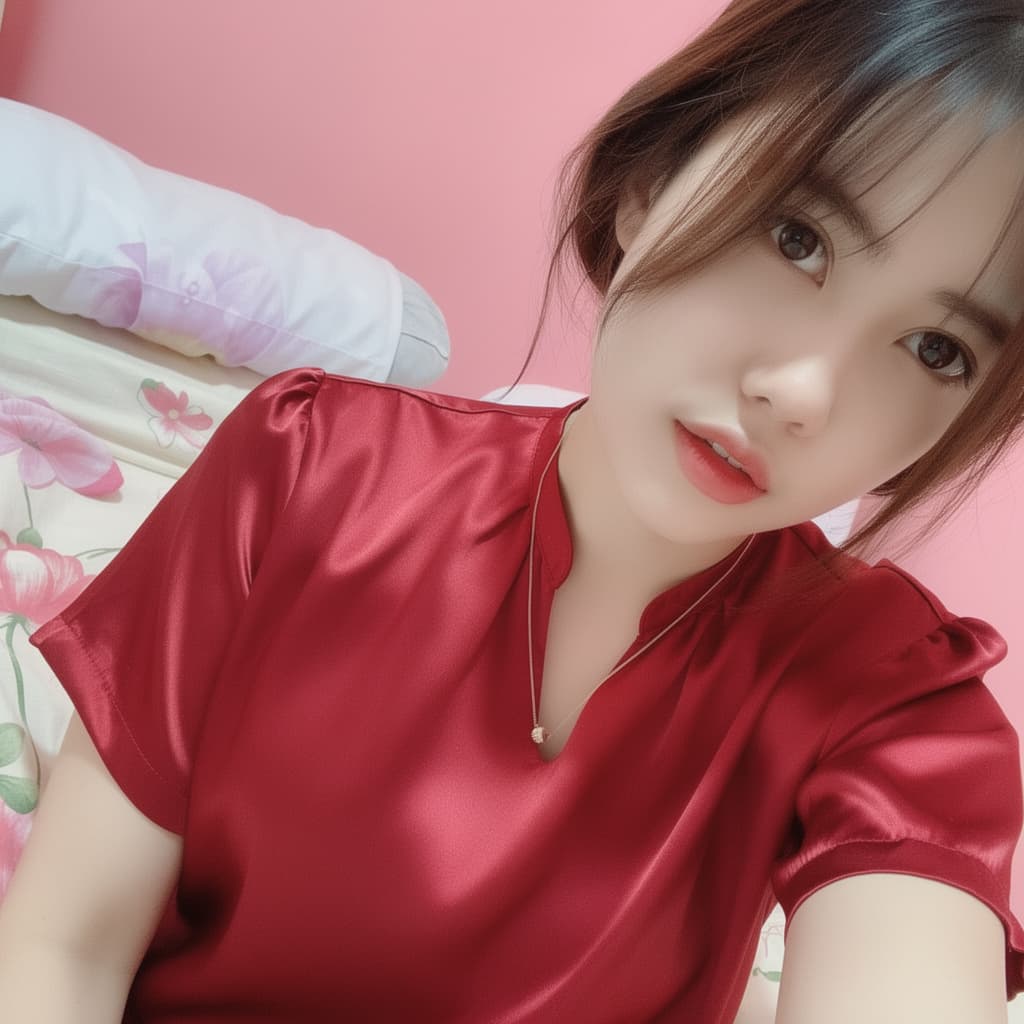 AI generated: she wear silk red sensual lingerie, lay on bed