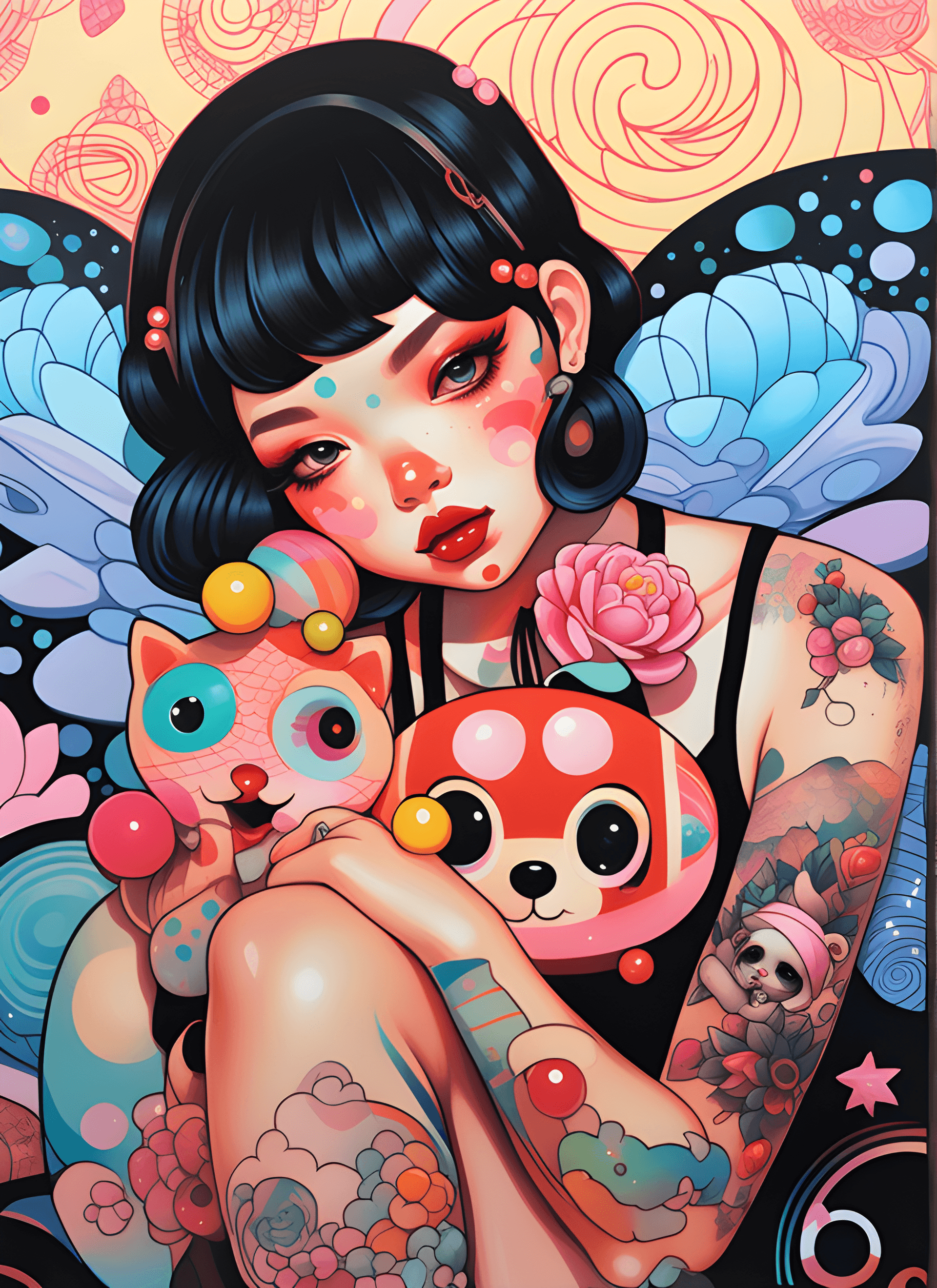 AI generated: a painting of a woman with tattoos holding a toy, decora inspired illustrations, inspired by Hikari ...