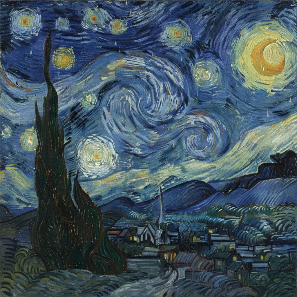AI generated: sadness painitng, Van Gogh Starry Night sky, swirling stars, soft brush strokes, dreamy and whimsica...