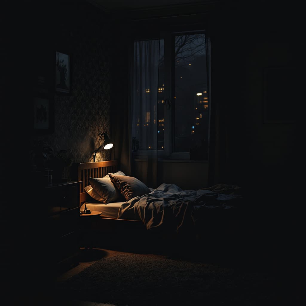 AI generated: A dark room seen from outside, is night, the lighting is dim ,it is a teenager girl room with a bed 