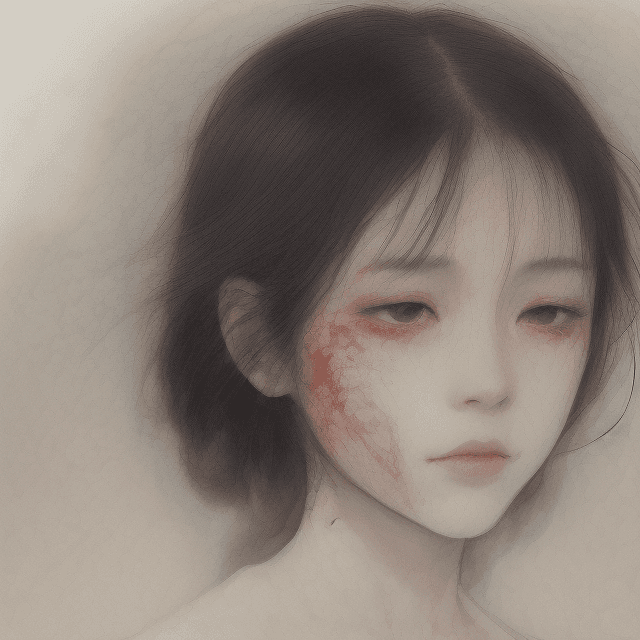 AI generated: a single Woman crying blood, artwork by Takato Yamamoto and Chika Yamada, minimalistic, face barely ...