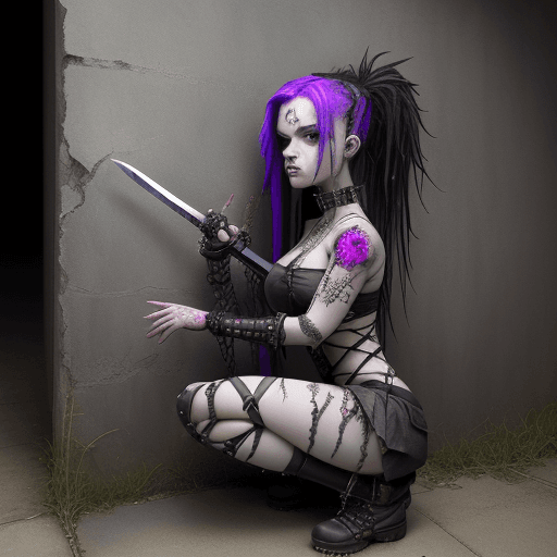 AI generated: a girl kneels down behind a wall holding a sword, in the style of cybergoth, red threads, midwest go...
