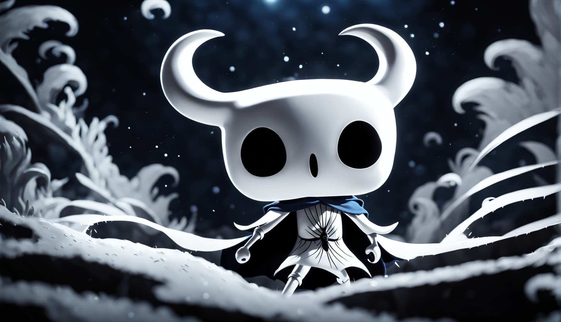AI generated: Intricate CG unity wallpaper, close-up, Hollow Knight, White color mask with (perfect) round sockets...