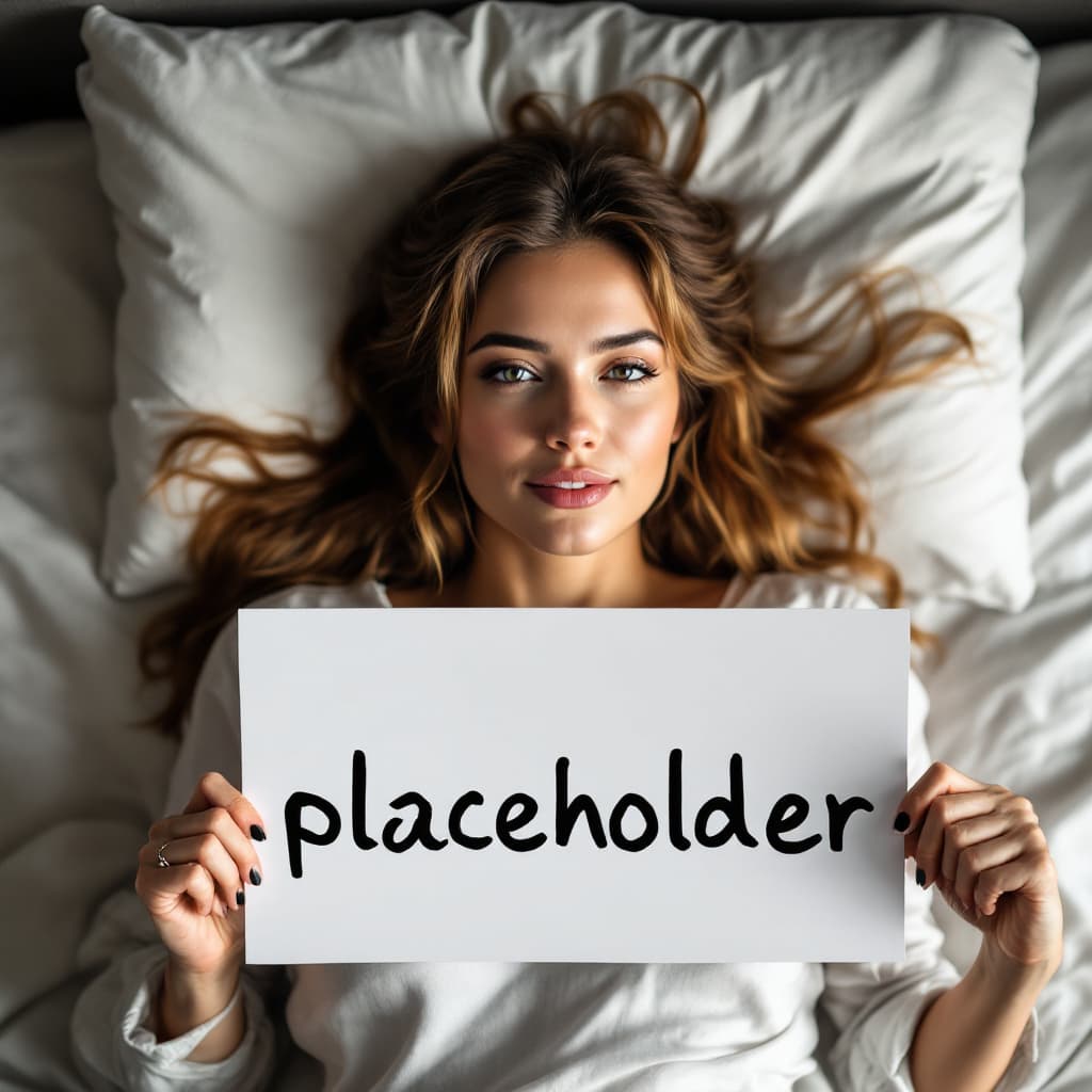 AI generated: A woman lying in bed holding a sign that says "placeholder" 