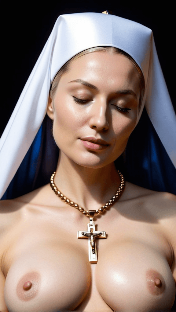 AI generated: Sensual adorable Russian nun in Habit. (Erect Large pregnant nipples, loose hanging bare small breas...