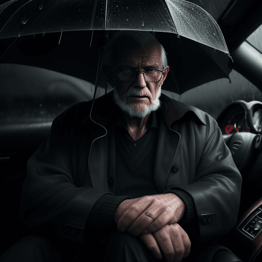 AI generated: a proffesional photo of an old man, dark ambiance, rainy day, high definition, handsome, serious loo...