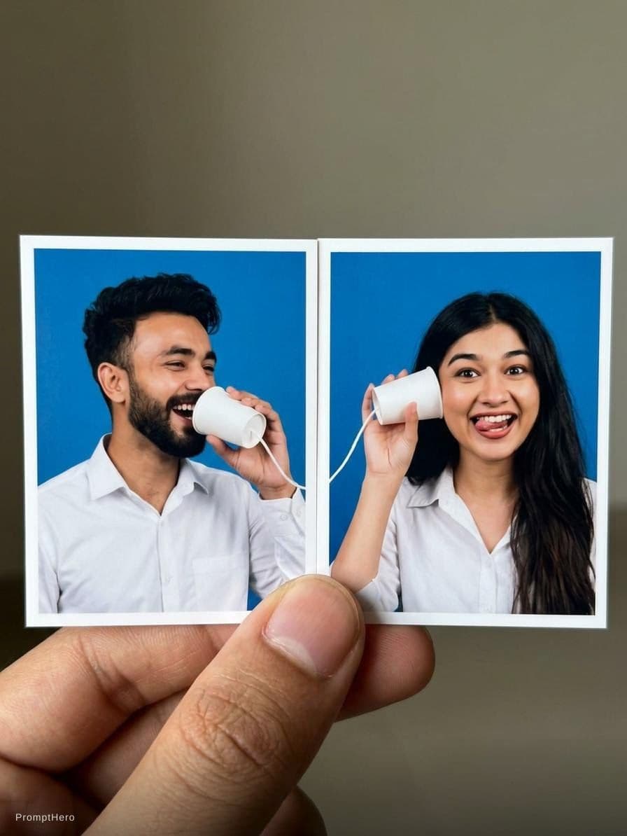 AI generated: Create a Portrait Master Object: Two passport-sized photo prints held side-by-side by a person's thu...