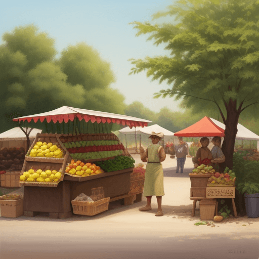 AI generated: traditional farmer market, fruit seller, side road and three trees painting
