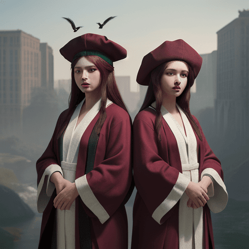 AI generated: a picture of two people, wearing cloth hats and robes, in the style of realistic animal portraits, u...