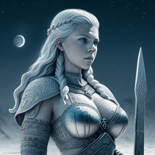 AI generated: fine detailed pointillism painting, low angle image, Vikings movie character, Woman in focus, "Vikin...