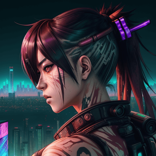 AI generated: A visual stunning photo of a female cyberpunk samurai looking over tokyo skyline |centered| key visu...