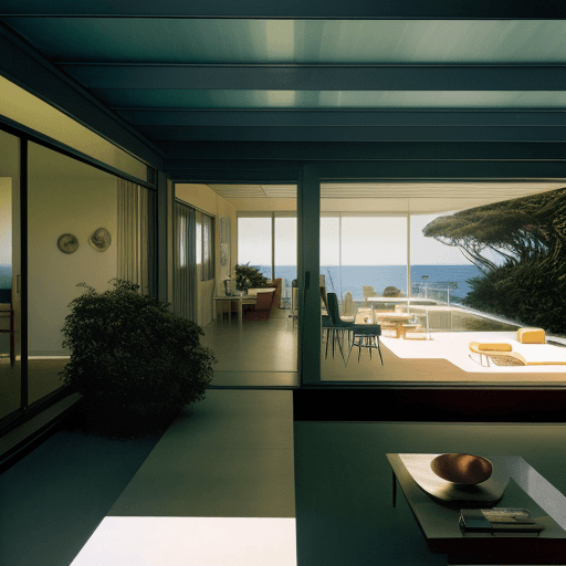 AI generated: Hyper realistic eye level exterior photo of a mid century modern style house overlooking the ocean, ...
