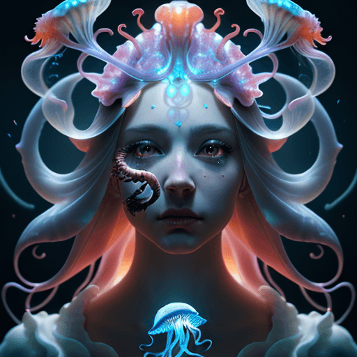 AI generated: Goddess close-up portrait ribcagel. jellyfish phoenix head, nautilus, orchid, skull, betta fish, bio...