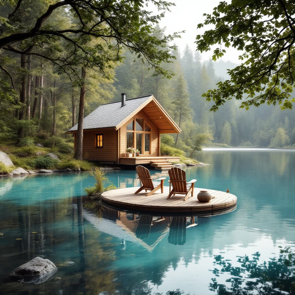 AI generated: High resolution photography interior design, dreamy sunken living room A cozy wooden cabin nestled b...