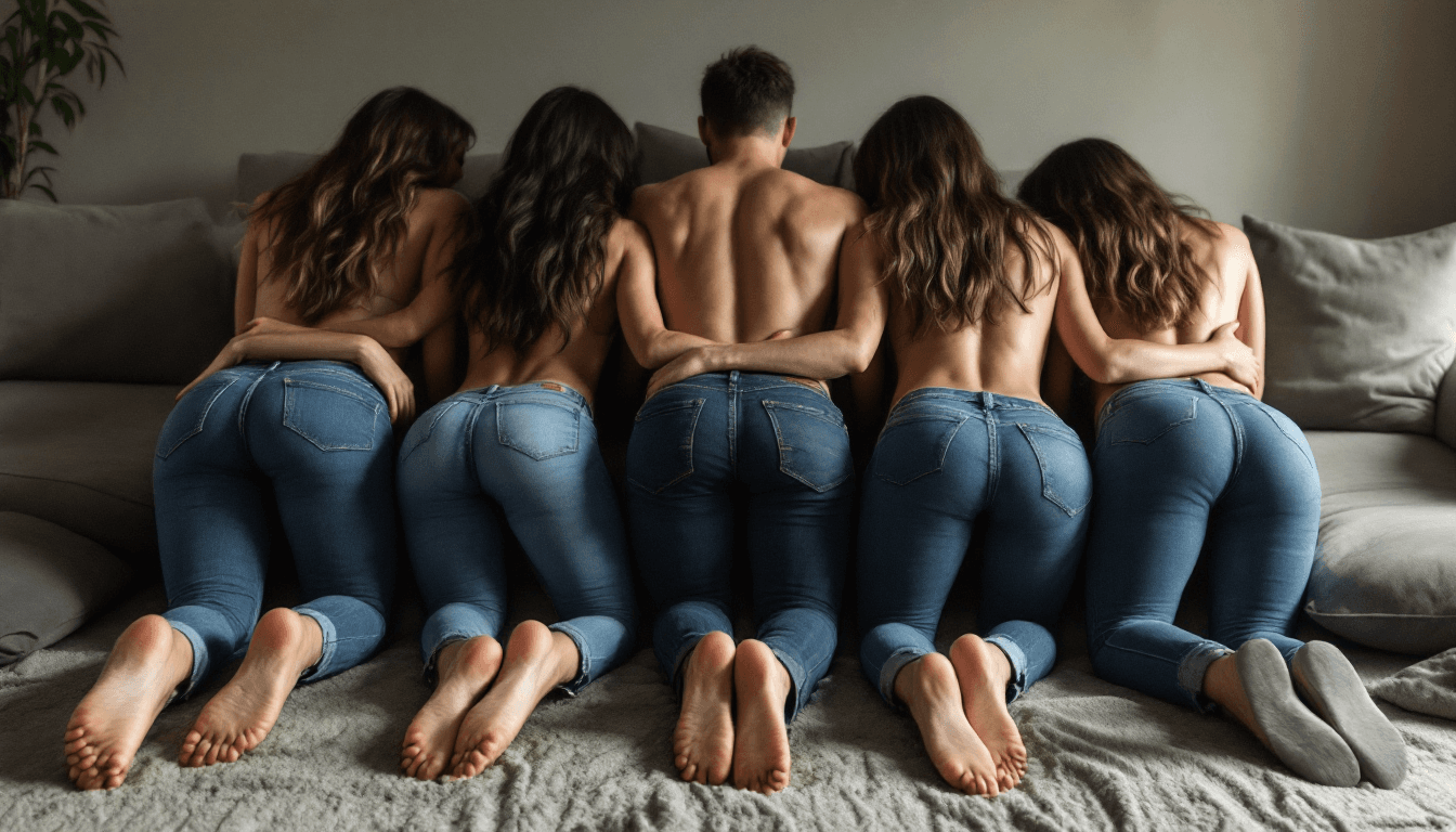 AI generated: I want an ultra realistic photo of 5 girls with tight jeans in a doggy position on a couch, and that...