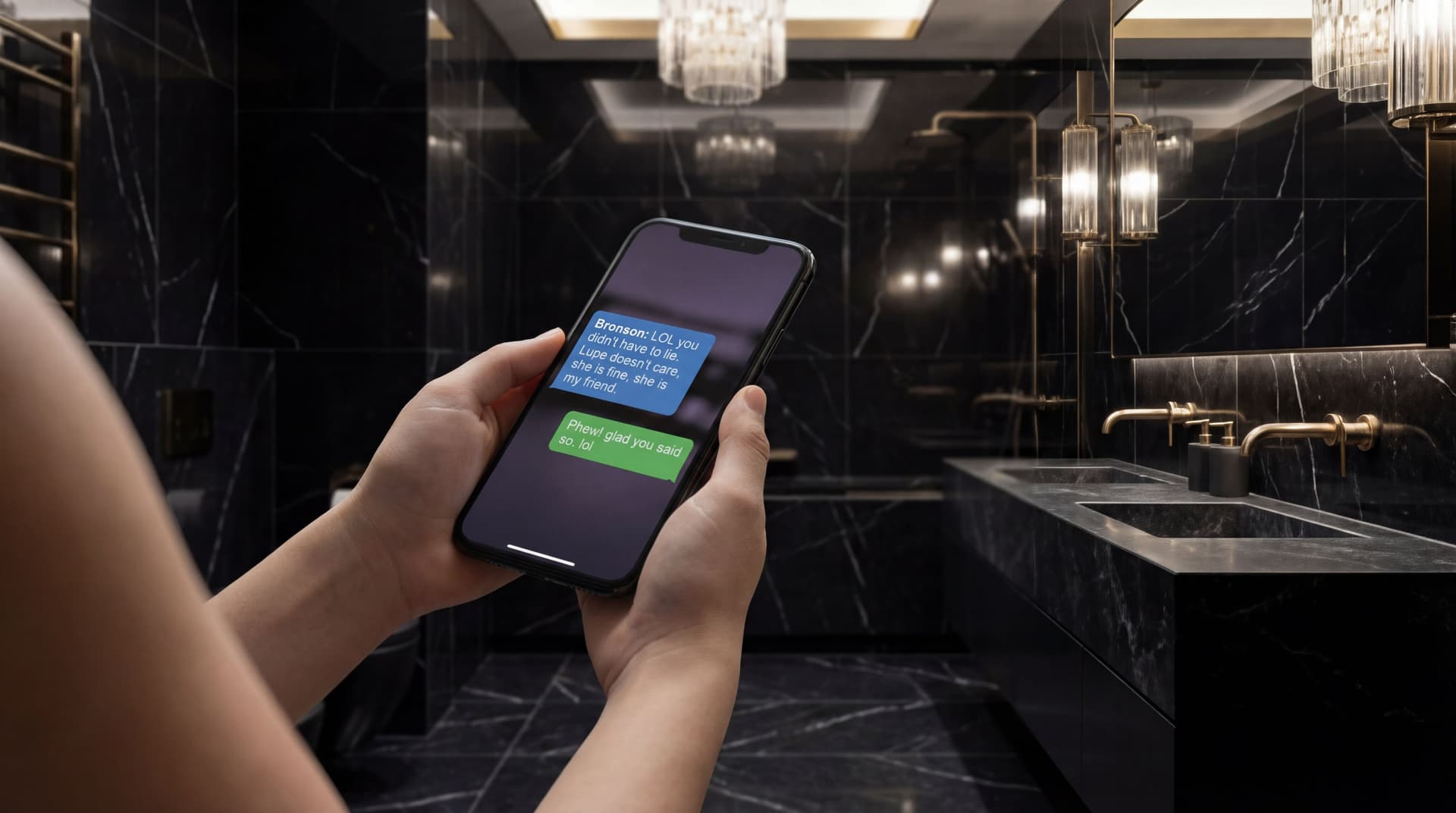 AI generated: At a luxurious bathroom. 
The whole bathroom has black tile. 

The arms are holding a phone. the arm...