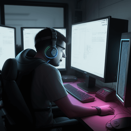 AI generated: UN INGENIERO DE SISTEMAS SENTADO, EN UN PORTATIL GAMER TRABAJANDO,8K,REALISTA