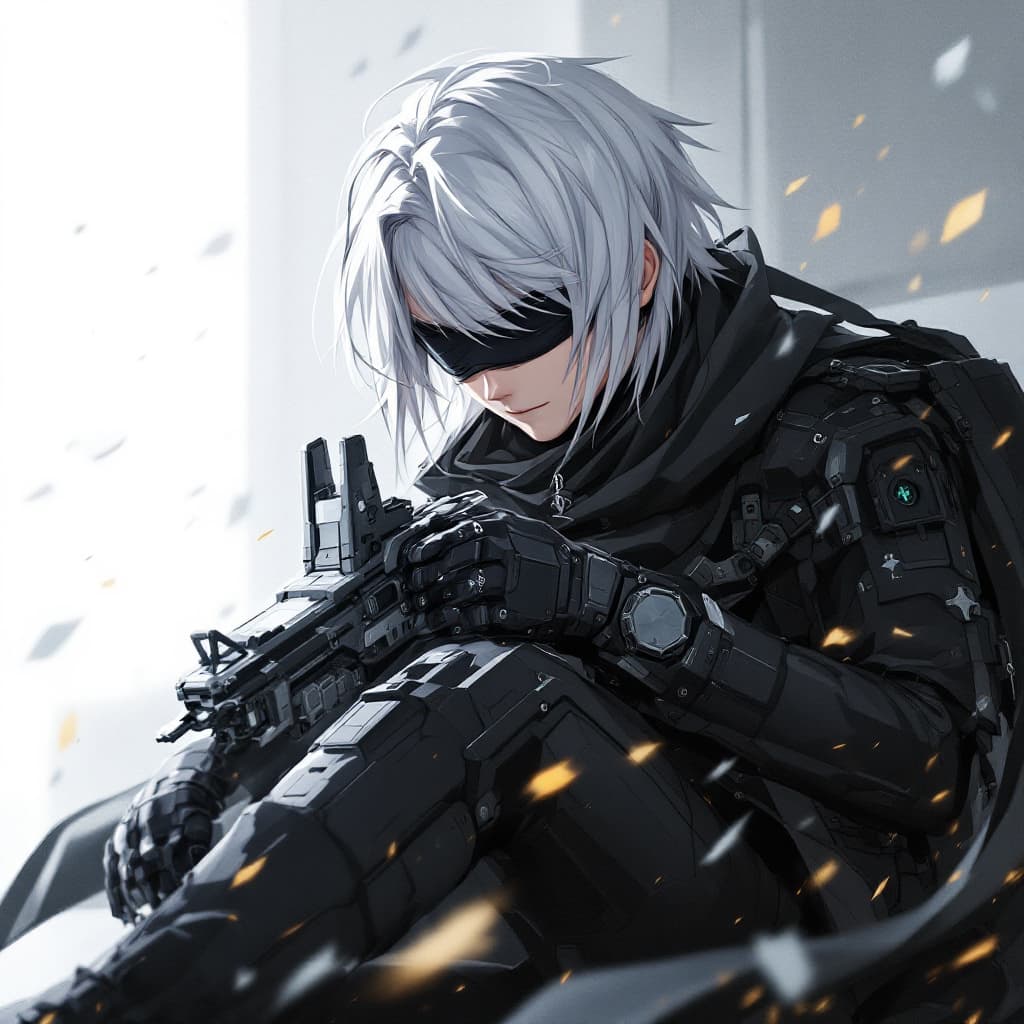 AI generated: YoRHa No.2 Type B, NieR:Automata, A little younger boy 17 years(white long hair, black combat unifor...