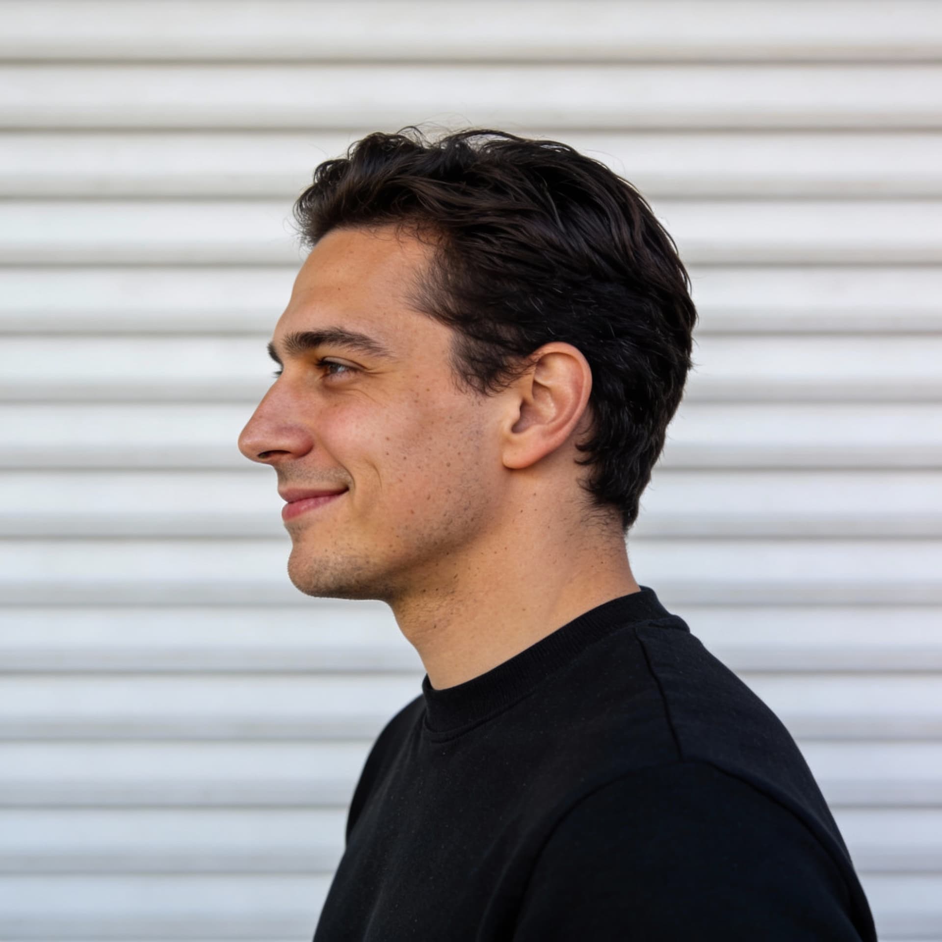 AI generated: I want it to be almost clear that it's me in the picture Men, side view, slight smile, shot on a Can...