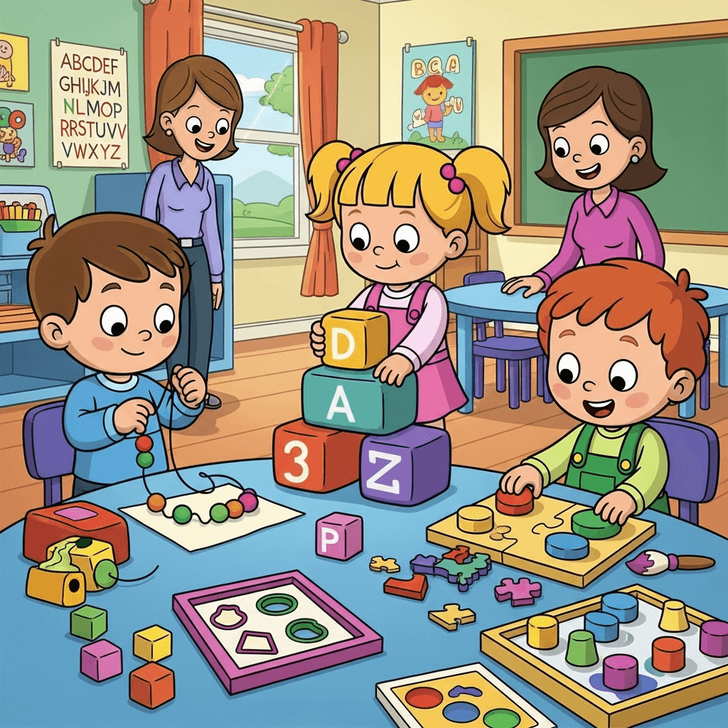 AI generated: Genera una imagen sobre la motricidad fina en los niños de 2 a 3 años en la escuela, que sea en form...