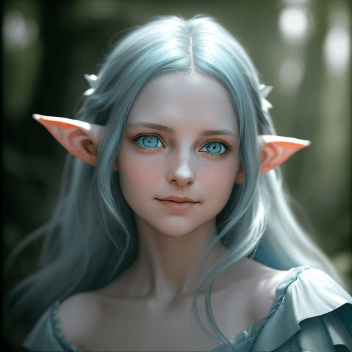 AI generated: colors, sharp light blue eyes, A soul-panoramic portrait of a female elf, grins, her grace enhanced ...