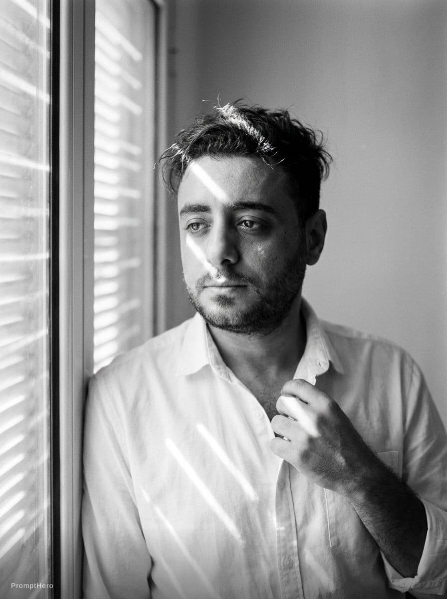 AI generated: 

Ultra-realistic 8K black and white cinematic mid-shot portrait of a young man (use this face) stan...
