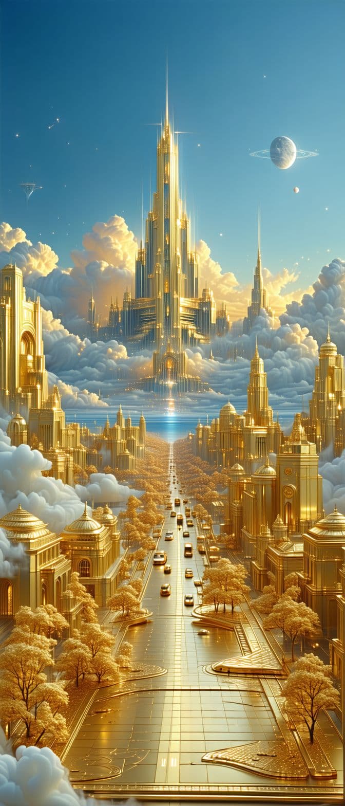 AI generated: heaven . golden massive city with gold streets far off in the distance, light blue skyy,
Hyperrealis...
