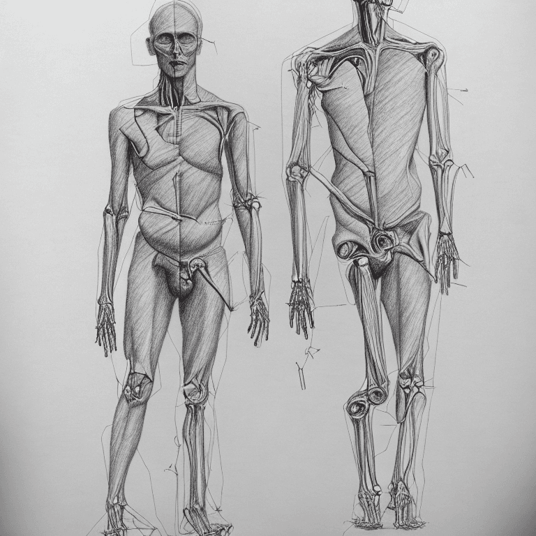 AI generated: pencil illustration, paranoid, annotated, messy, disorganized, whole human figure with Anatomical in...