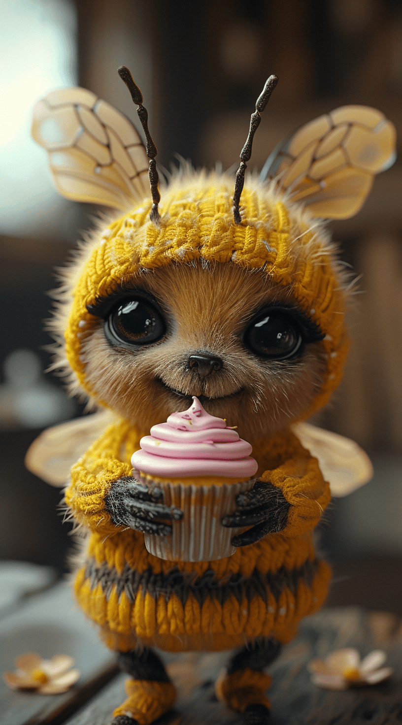 AI generated: 3d model of a cartoon bee in yellow outfit holding a cupcake, in the style of ilya kuvshinov, seth m...