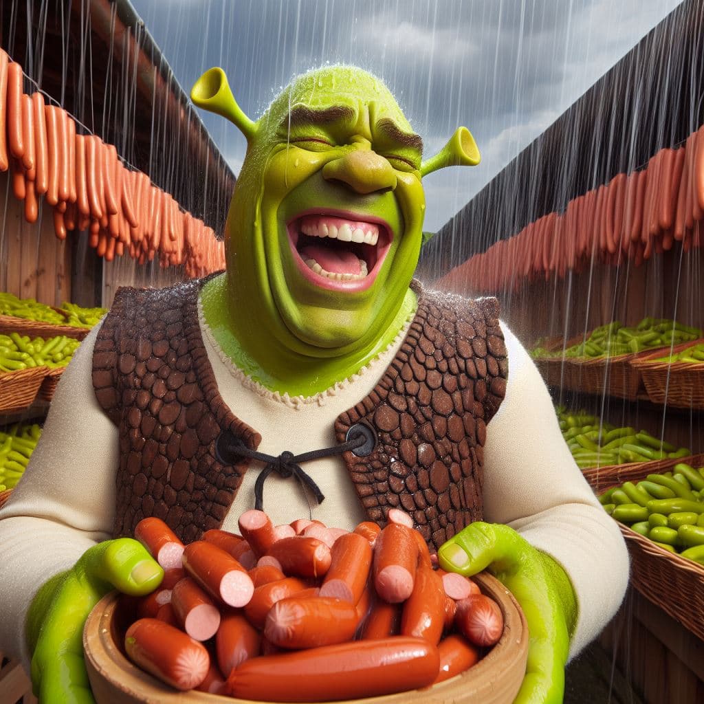 AI generated: Shrek with a lot of joy and satisfaction for the rain of slices of sausage in the village, humour, e...