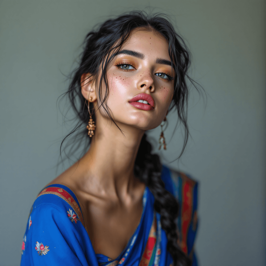 AI generated: Create a hyper-realistic portrait of a beautiful white girl with neon black hair and light freckles,...