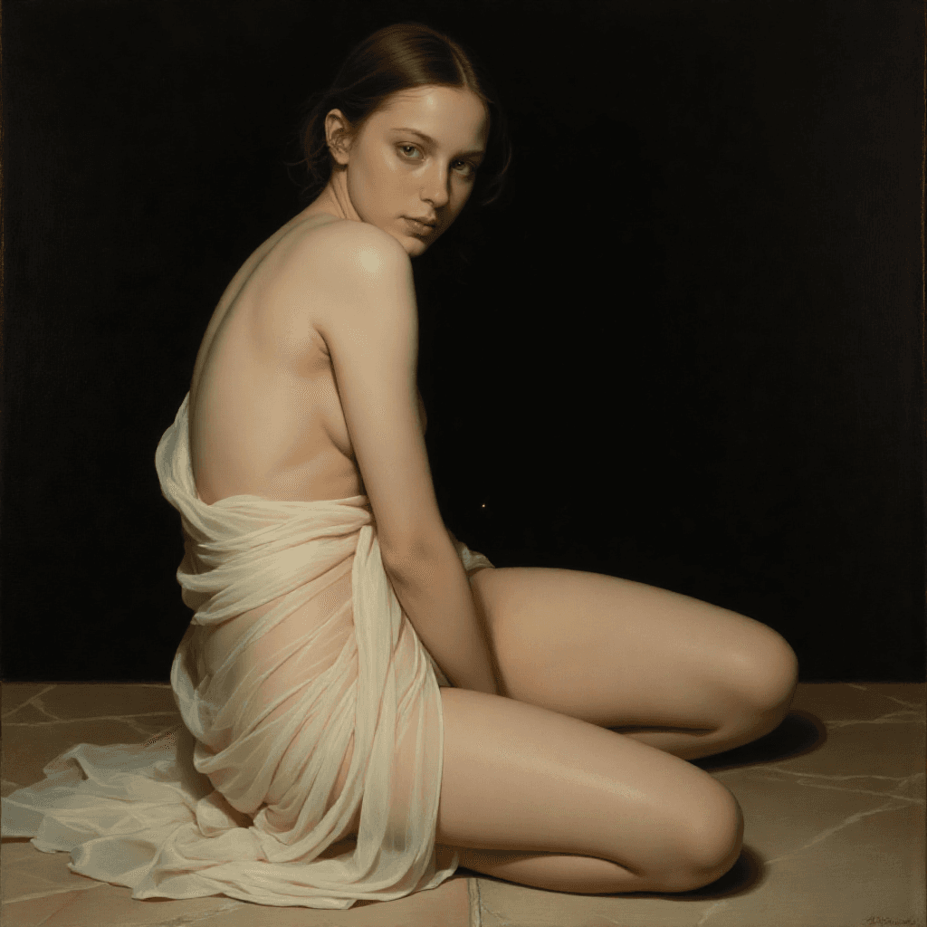 AI generated:  a young woman half her body engulfed in shadow::1.5  
Diaphanous ivory silk robe slipping from one...